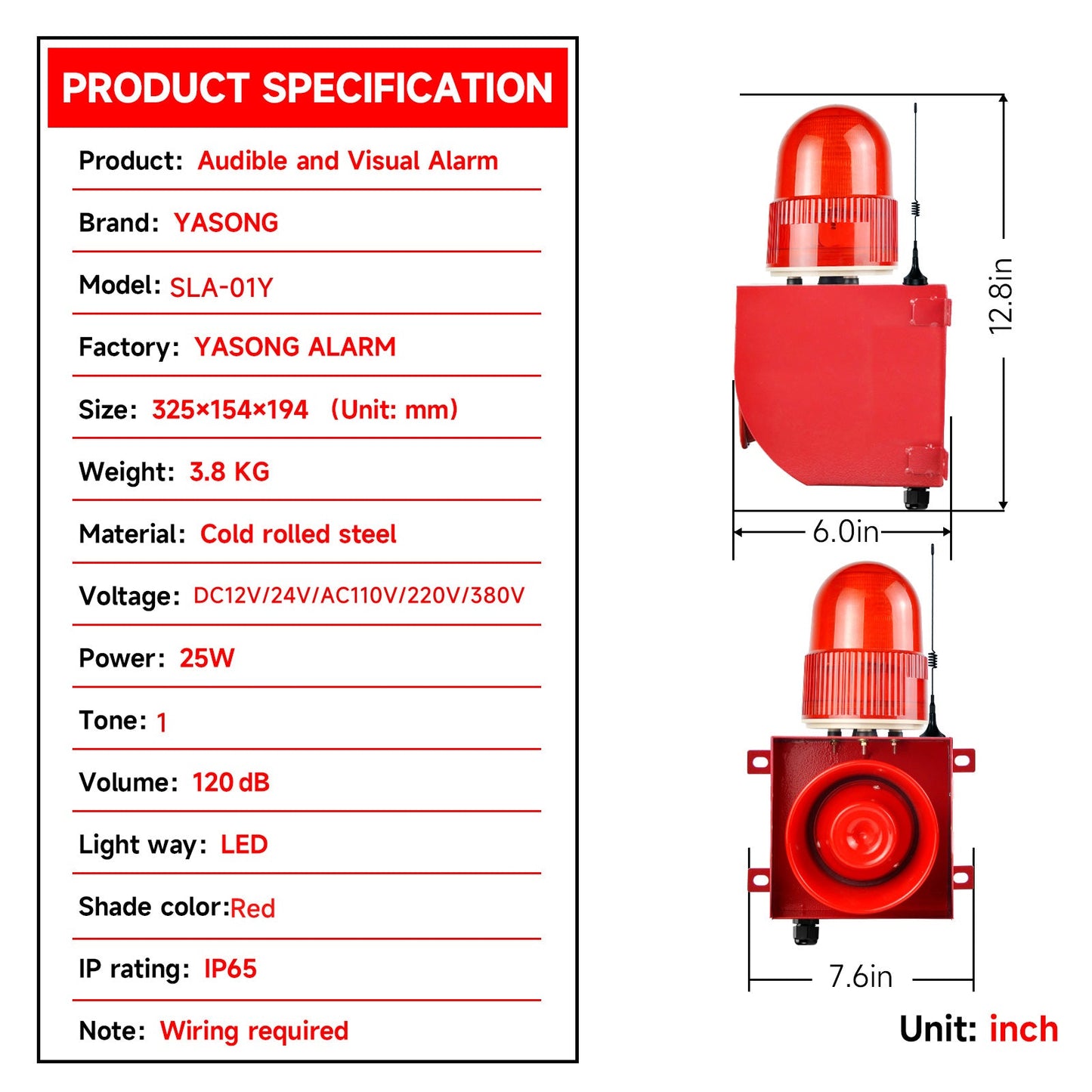 YASONG SLA-01Y Outdoor Wireless Remote Control LED Strobe Alarm Siren, 1.2Mile/0.3Mile Long Distance Barrier-free Control, 120dB Horn 25 Watts IP65 Waterproof