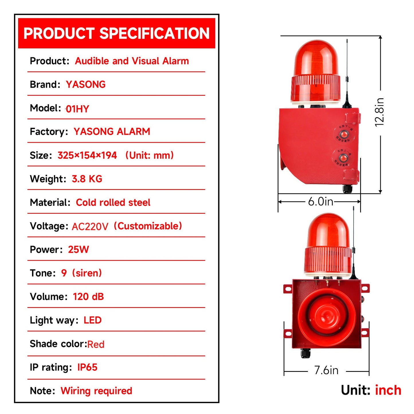 YASONG SLA-01HY 1.2Mile/0.3Mile Outdoor Remote Control Alarm Siren, 120dB Horn 9 Tones Adjustable with USB Port and 4 Remote Control, 25 Watts IP65 Waterproof