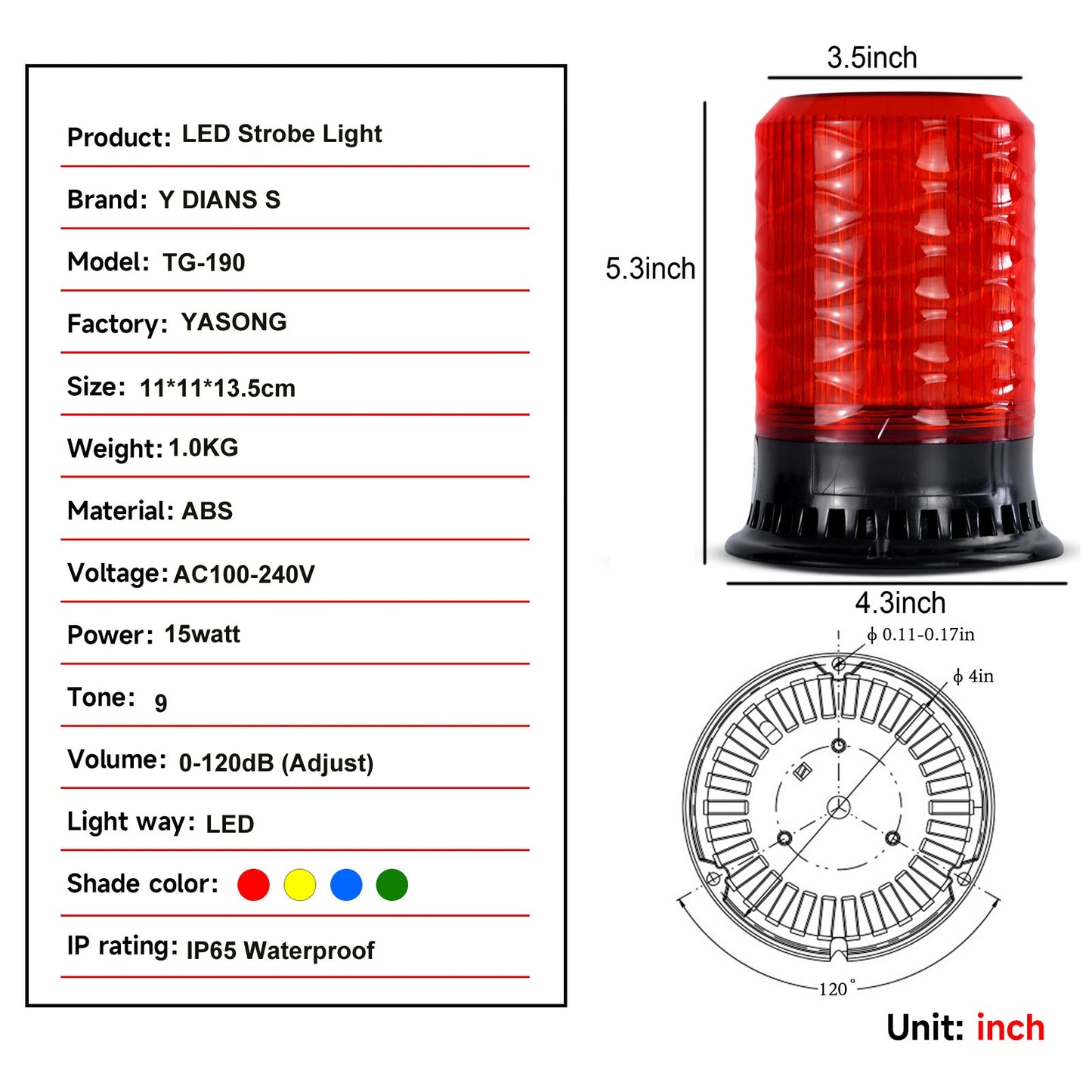 YASONG Beacon Lights 120dB Horn, 9 Tones, 4 Flash Modes Waterproof Emergency Strobe Lights for Vehicles, Truck, Car, Workshop DC10V-30V SLA-190