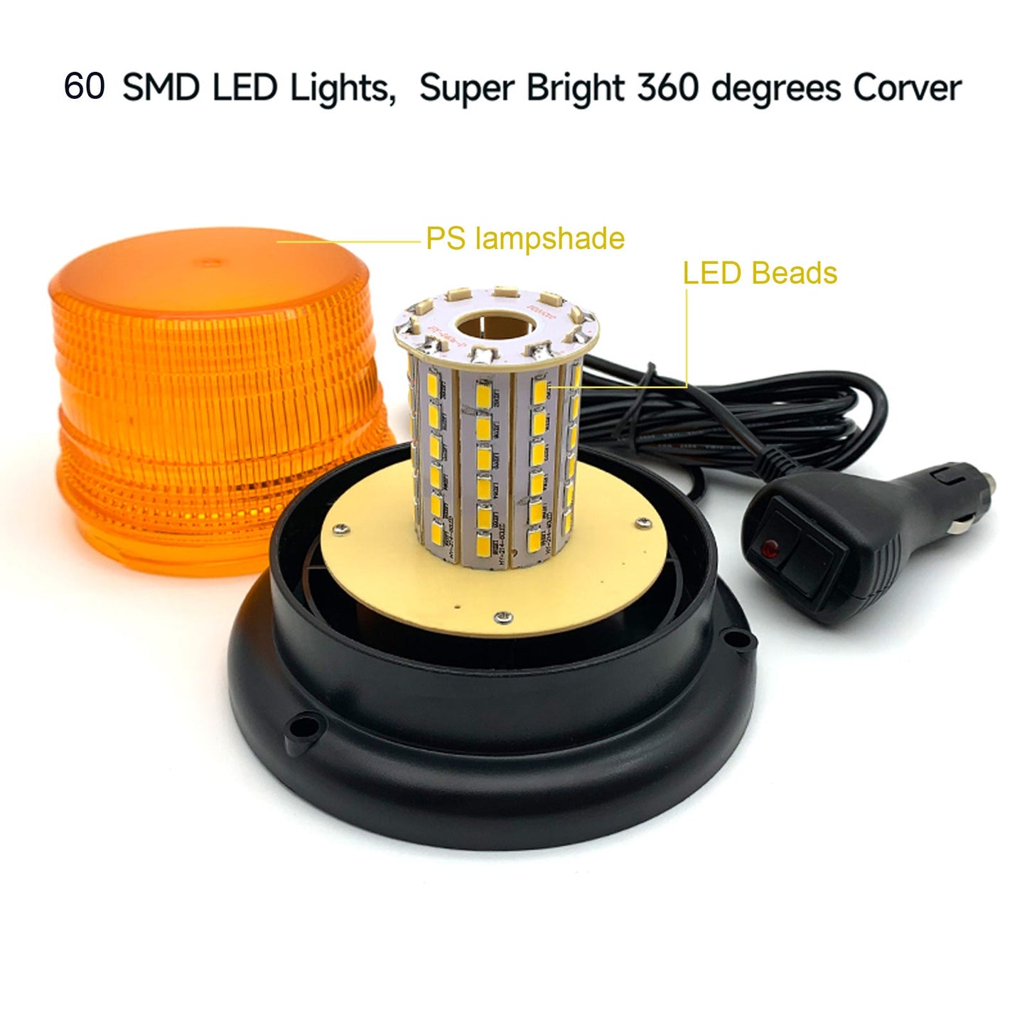 YASONG LED Strobe Light Amber 60 LED Beads Emergency Warning Beacon Flashing Light with Magnetic 16ft Cord and 10 Modes for Snow Plow Truck Construction Vehicles Forklift Tractor DC12V-48V