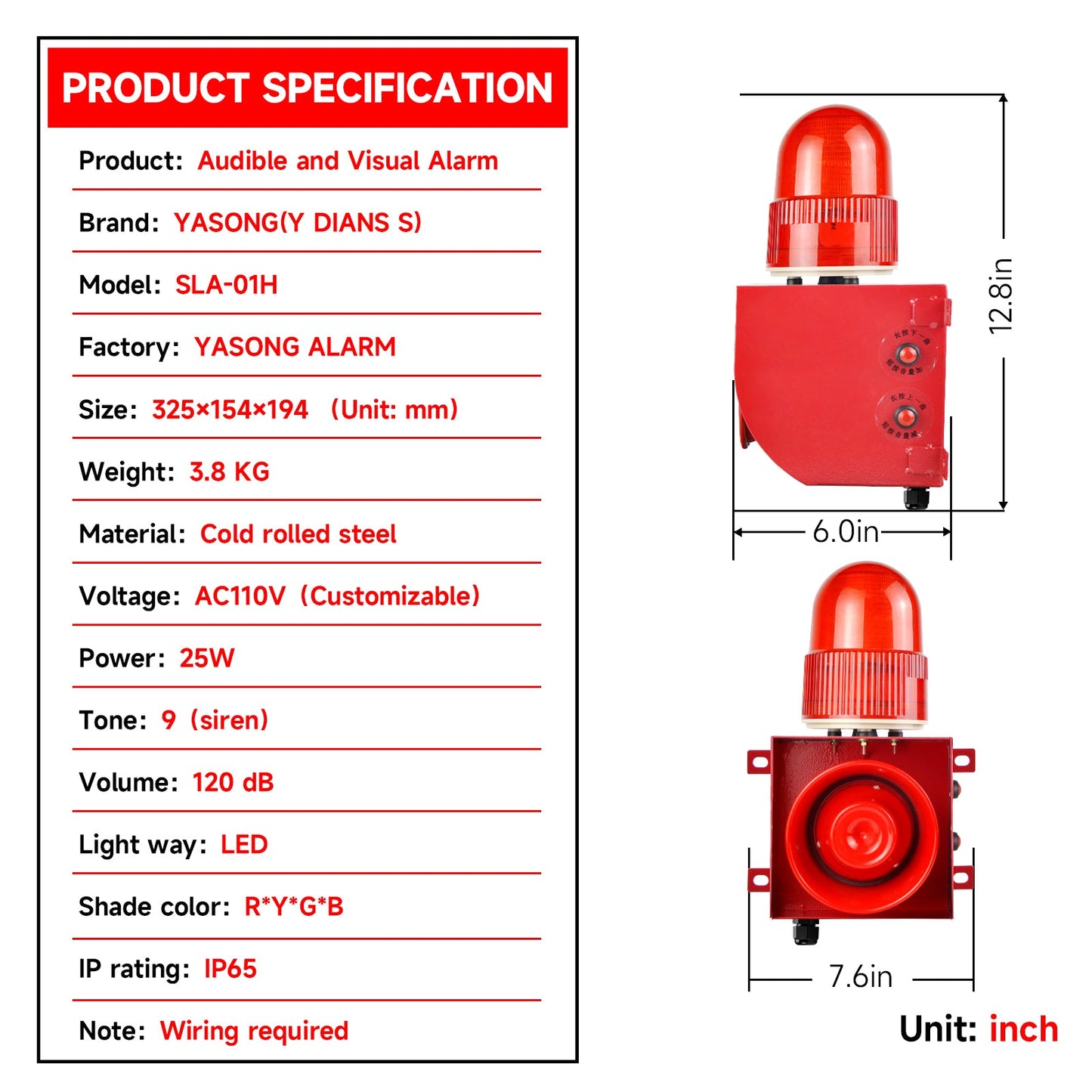 YASONG Alarm Siren 120 Decibel Horn 9 Tone Adjustable 25W Alarm System for Security, Factories, Warehouses, Home and Docks,  SLA-01H