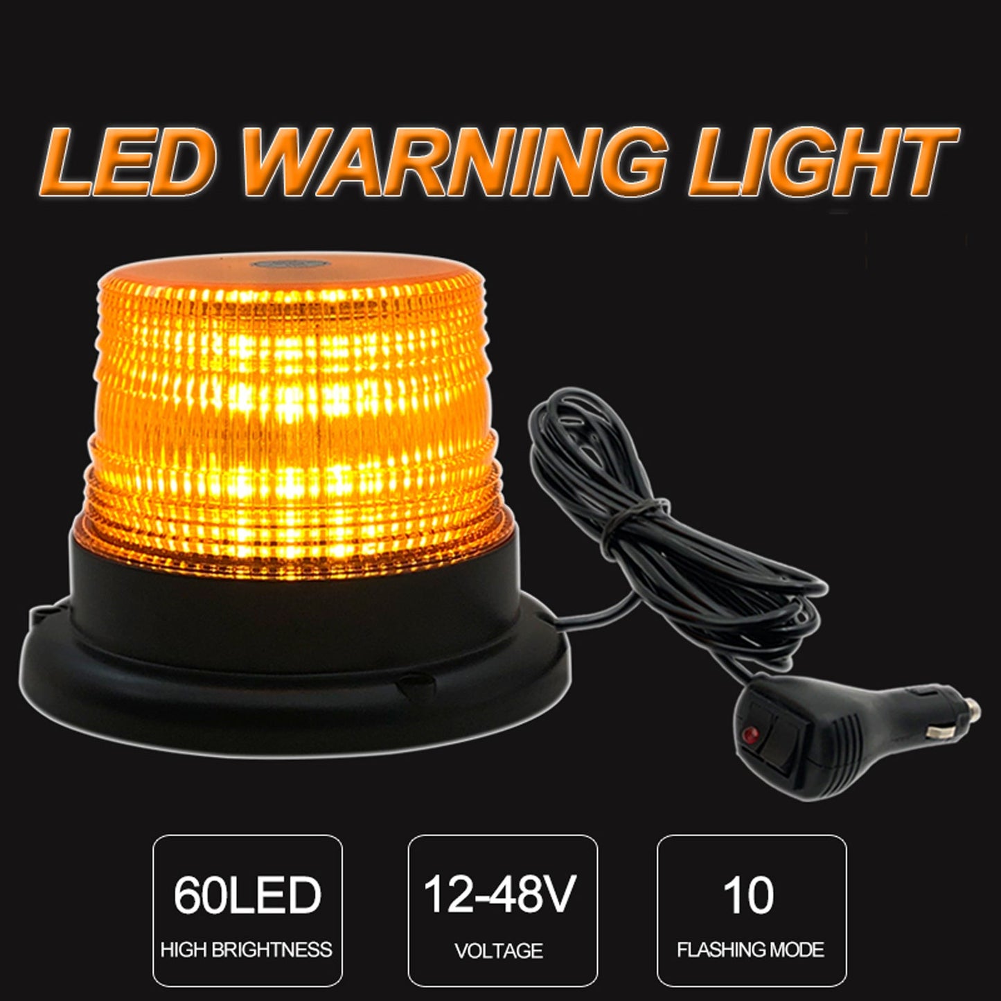 YASONG LED Strobe Light Amber 60 LED Beads Emergency Warning Beacon Flashing Light with Magnetic 16ft Cord and 10 Modes for Snow Plow Truck Construction Vehicles Forklift Tractor DC12V-48V