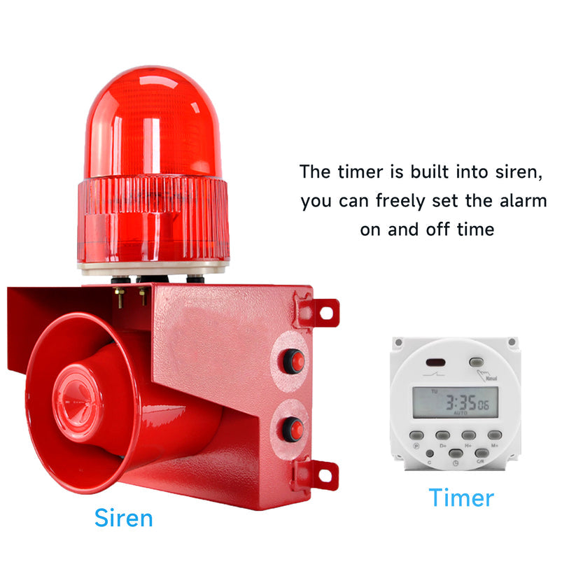 YASONG Timeable Alarm Siren Waterproof 120dB Horn Emergency Security Sirens with Timer, LED Strobe Light for Factory Workshop School SLA-01T1