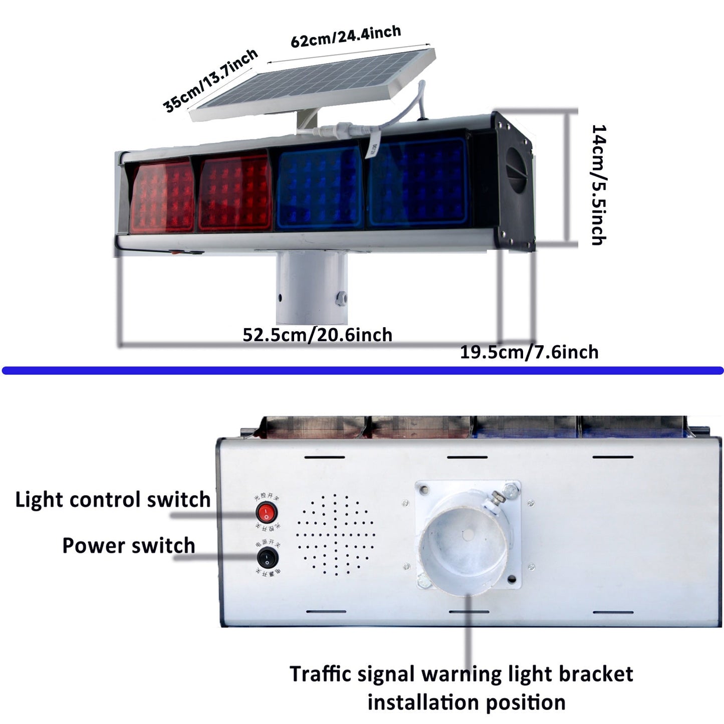 YASONG Solar Motion Detection Strobe Light Warning Light  IP65 Waterproof 120dB LED Red and Blue Double-sided Flashing Lights Motion Sensor Alarm Siren for Traffic, Road Construction, Farm, Yard