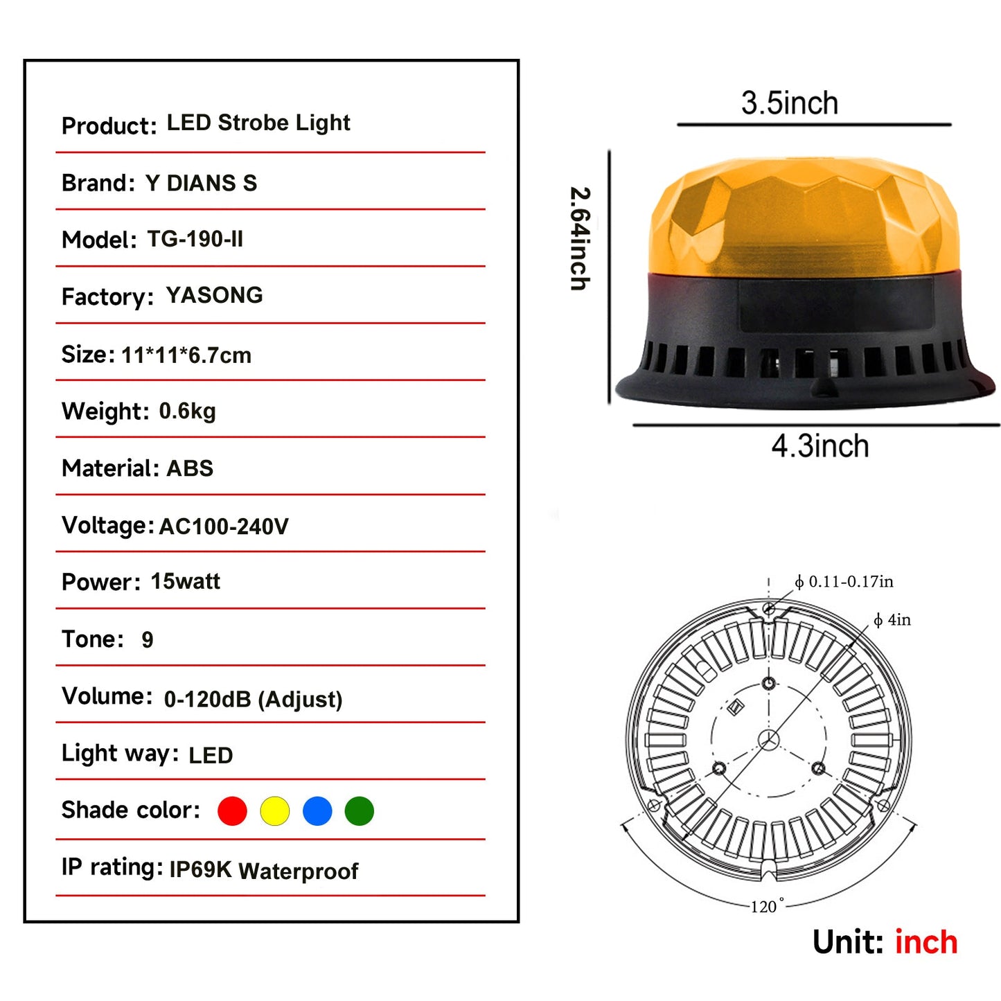 YASONG Beacon Strobe Lights Waterproof LED Siren Warning Light 120dB Loud horn 9 Tones 2 Flashing Mode Magnetic Base for Vehicles Trucks Forklift  Workshop Emergency AC100-240V