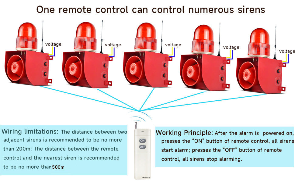 YASONG 500m/0.3mile Remote Control Alarm Siren with 3 Remote Controls, 120dB Horn 9 Tones Adjustable Outdoor Security Siren with Strobe Light , 25 Watts IP65 Waterproof SLA-01HY-500-3