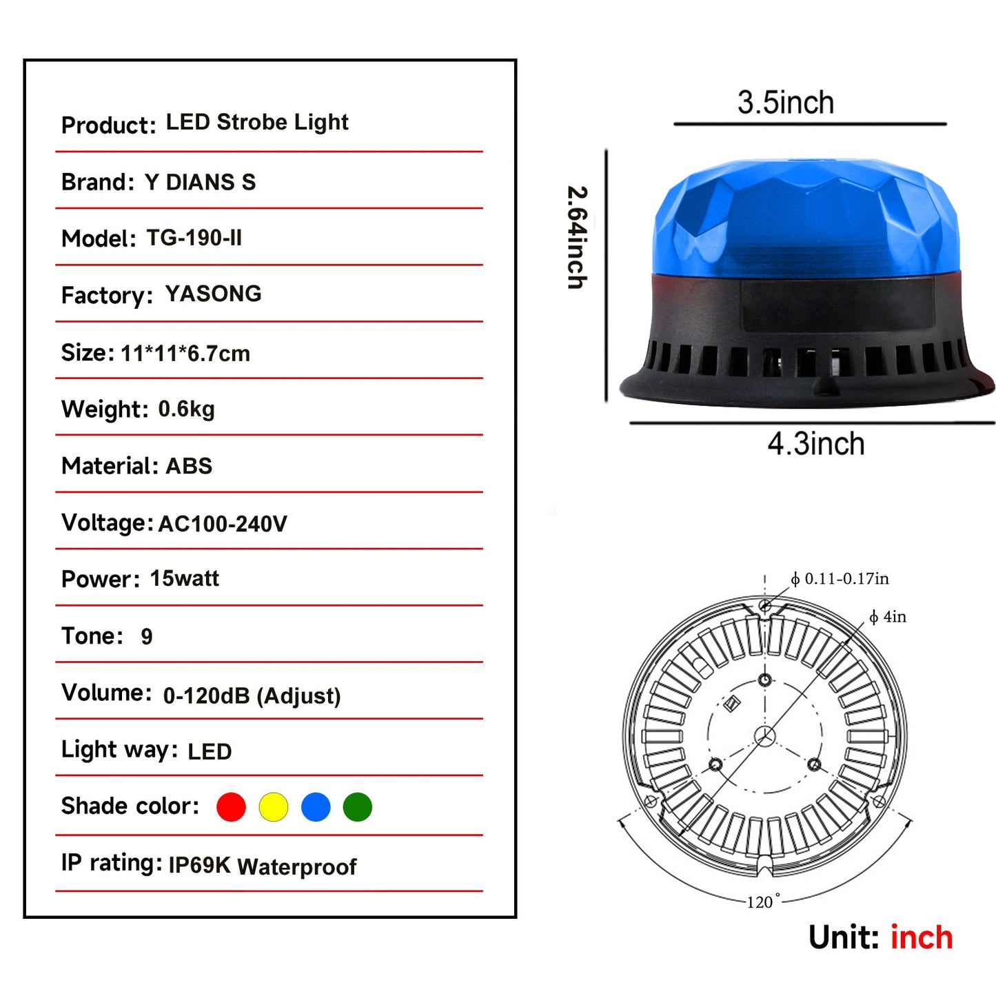 YASONG Beacon Strobe Lights Waterproof LED Siren Warning Light 120dB Loud horn 9 Tones 2 Flashing Mode Magnetic Base for Vehicles Trucks Forklift  Workshop Emergency AC100-240V