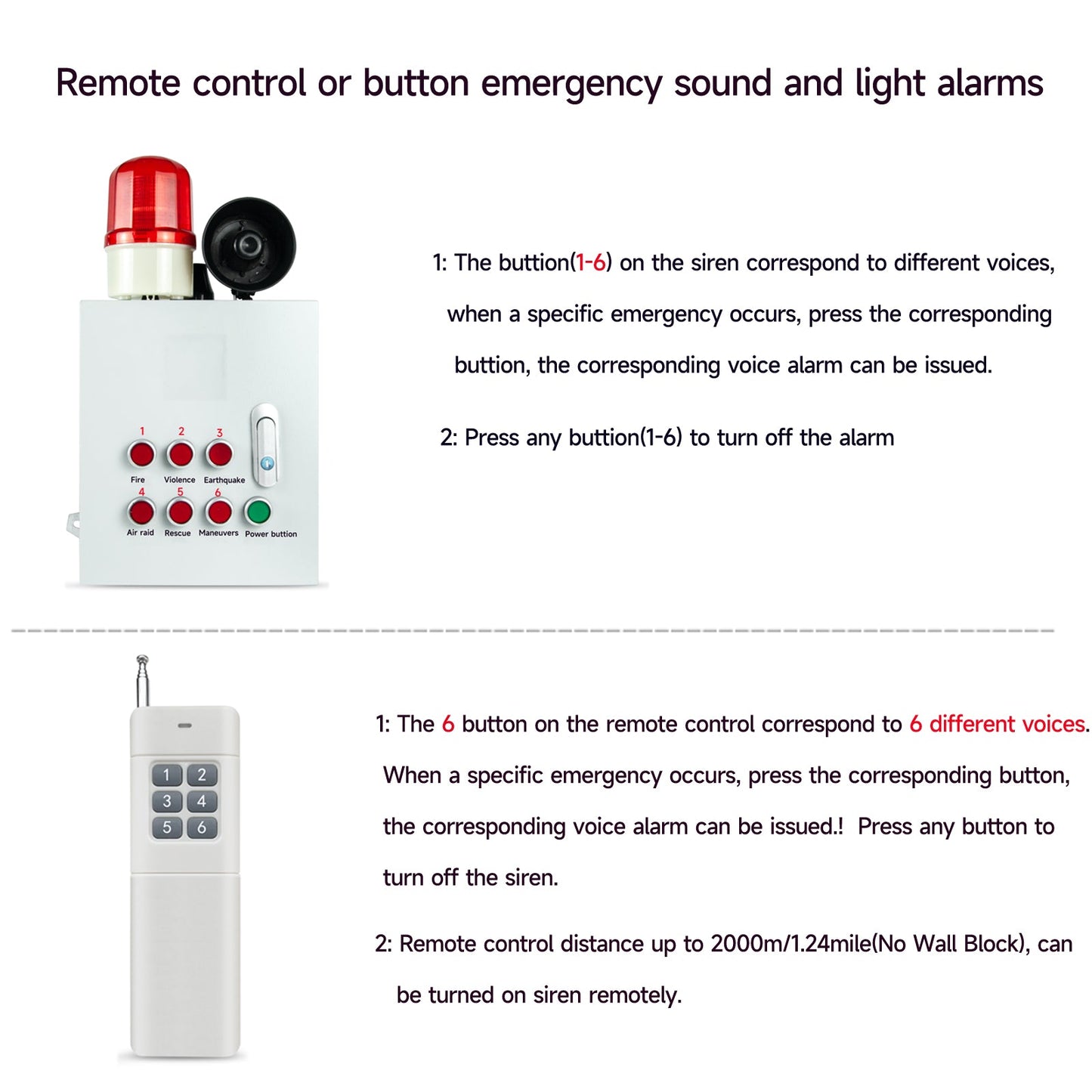 Wireless Emergency Alert Alarm Siren 2000m Remote Control Fire Air Raid Earthquake Security Siren with 120dB Loud Horn 6 different tones SLA-YJ02