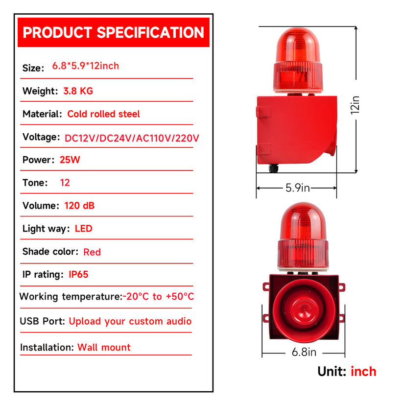 YASONG Motion Sensor Alarm Siren Timed Waterproof Motion Detector Siren System with 120dB Horn Adjustable Volume Tone for Warehouse Factory Tunnel Mine