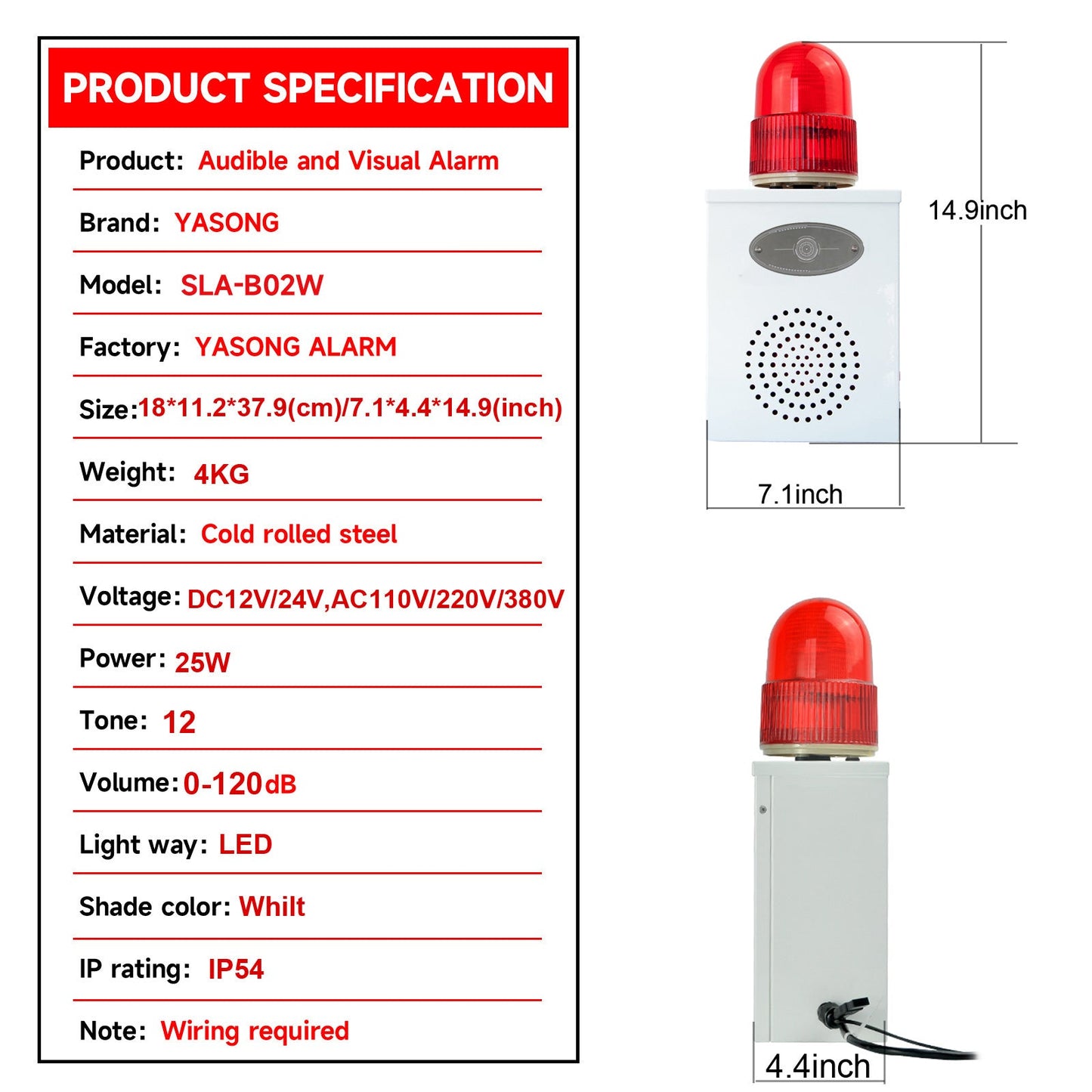 YASONG Motion Detection Siren Alarm 120dB Loud Horn Waterproof Adjustable Volume& Tone LED Strobe Lights 25W Alarm Security System for Factories, Warehouses and Docks SLA-B02W