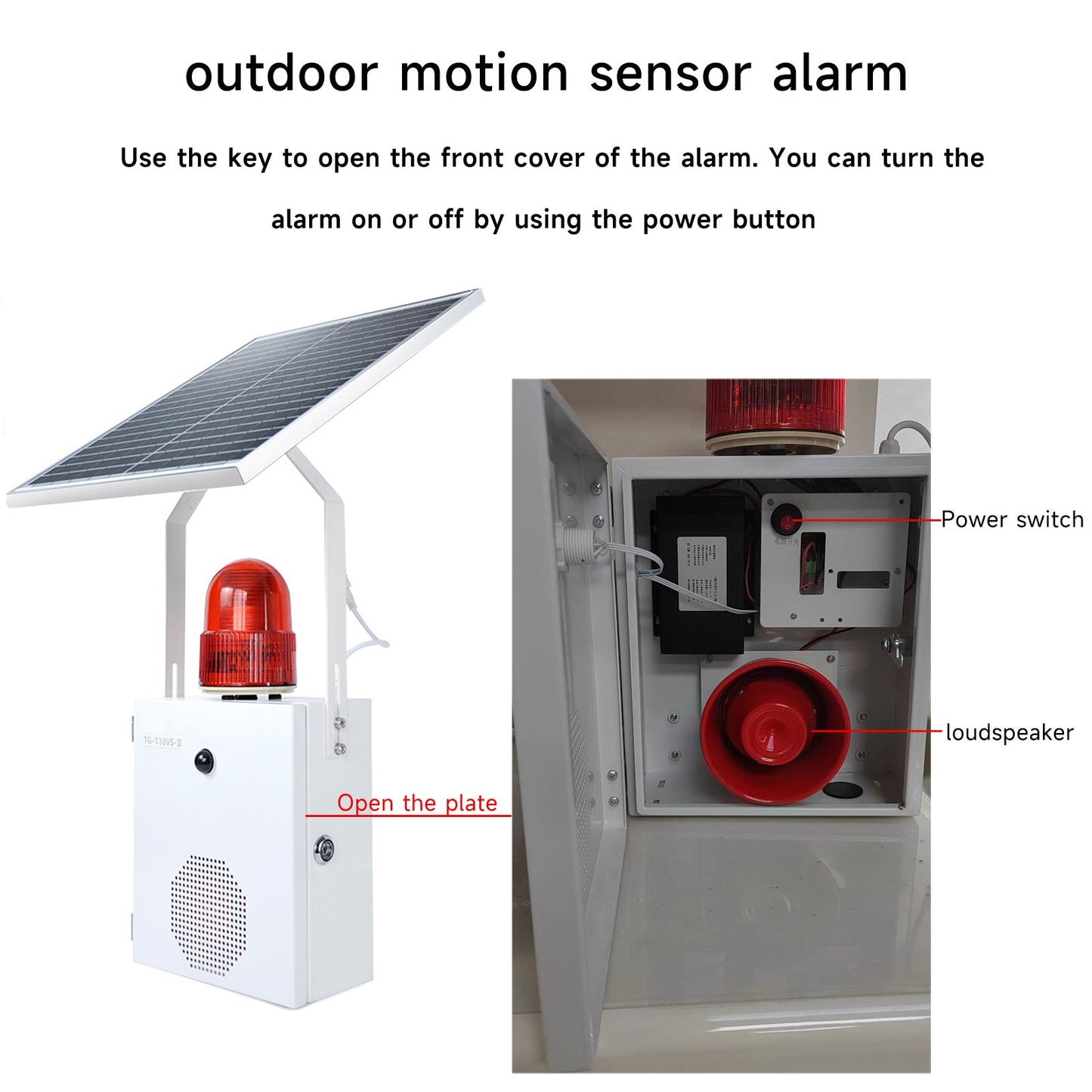 YASONG Solar Motion Sensor Alarm Siren Waterproof Outdoor Motion Detector Sirens with Strobe Light, 120dB Horn 17 Tones Adjustable Microwave Infrared Induction Alarm System SLA-118VS-II