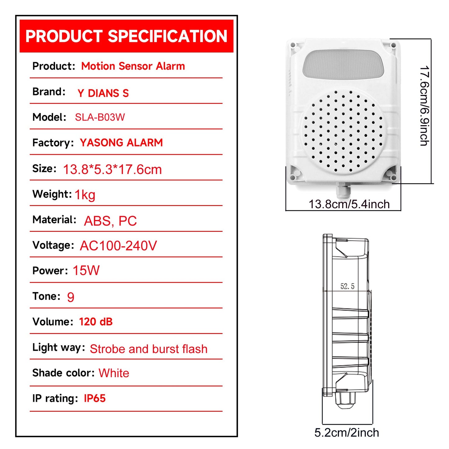 YASONG Motion Sensor Alarm Siren Waterproof Anti-theft Home Alarm System with 120 Decibel Horn 9 Tone Adjustable for Security, Factories, Warehouses, Home and Docks, AC100-240V, SLA-B03W