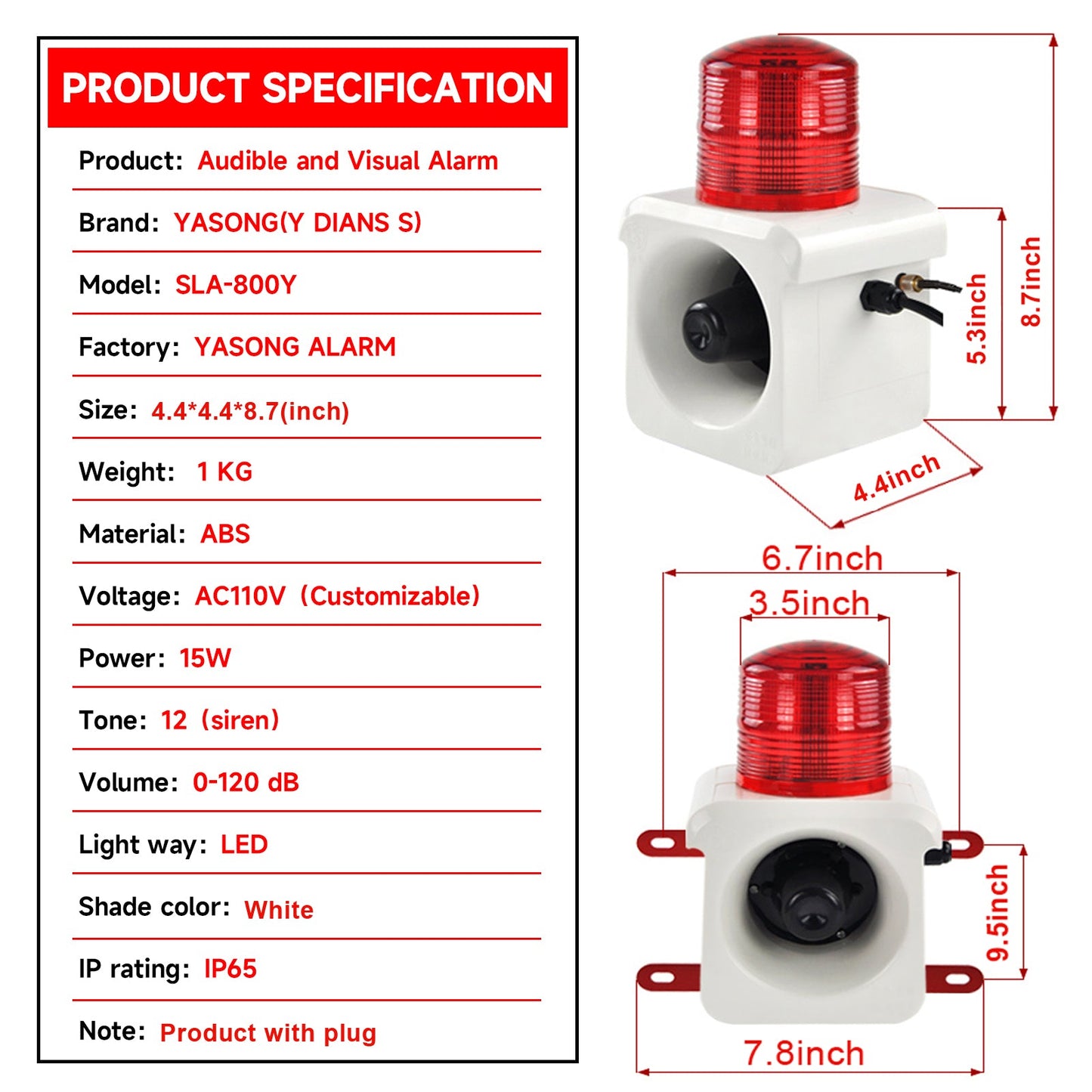 YASONG 2000m/1.24mile Wireless Remote Control Siren Alarm  LED Strobe Warning Light 120dB Horn Power 15W  One Remote Controls Multiple Sirens  for Loss Prevetion, Warehouse, Factories  SLA-800Y