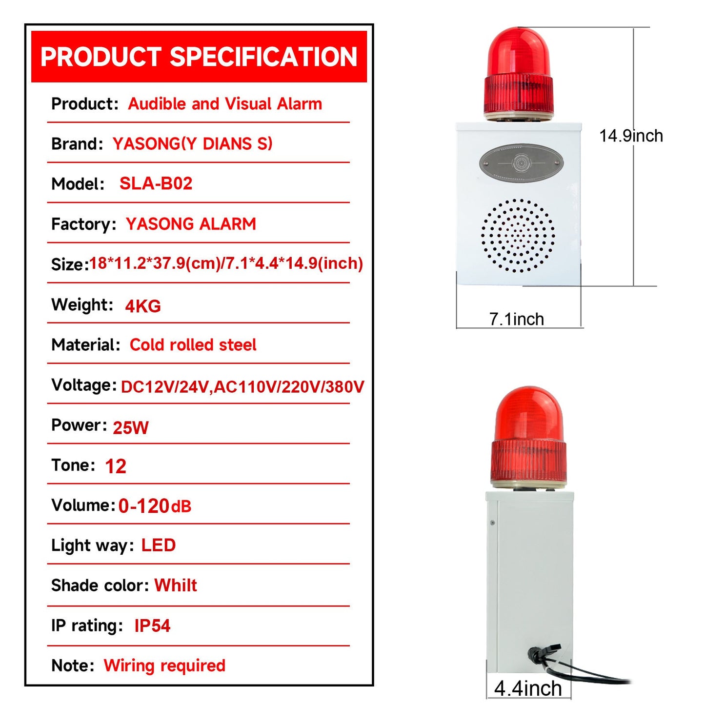 YASONG Industrial Alarm Siren 120dB Siren LED Strobe Warning Light IP54 Waterproof Outdoor Security Siren with Adjustable Volume and Tone for Factories, Mines, Ships, Cranes and Ports