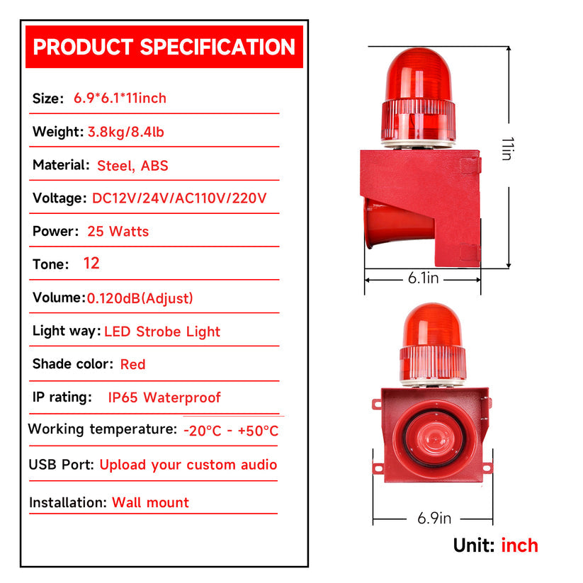 YASONG Motion Sensor Alarm Siren with Timer Outdoor 120dB 12 Tone Adjustable Motion Detector Siren Light Security Emergency Alarm for Industry Dock Mine SLA-TG01W1