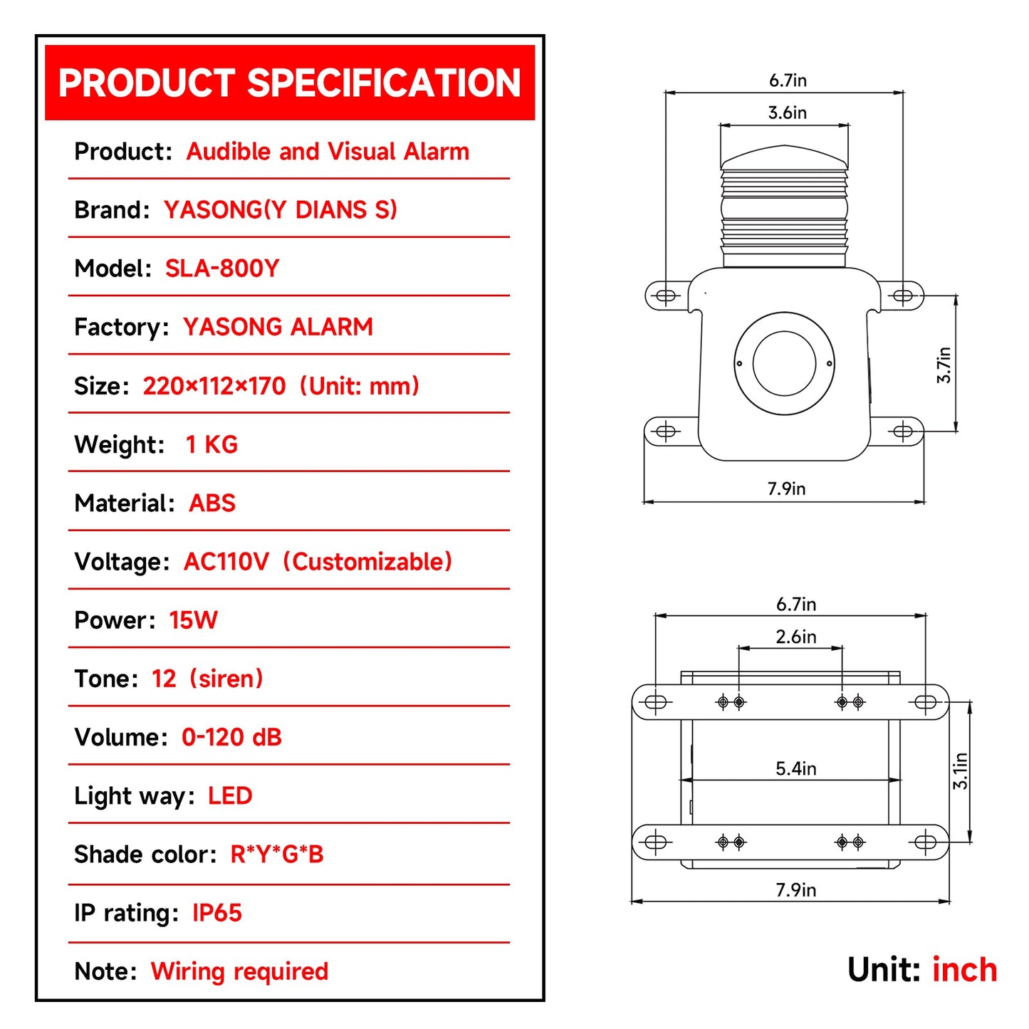 YASONG Wireless Remote Control Alarm Siren(2000m/500m), LED Strobe Warning Light 120dB Horn Power 15W for Loss Prevetion, Warehouse, Factories SLA-800Y