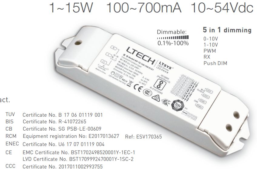 [China] LTECH AD-E1A1 series CC 0/1-10V Push DIM Dimmable Driver-Ballast /Drivers-DELIGHT OptoElectronics Pte. Ltd